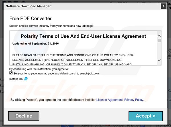Official FreePDFConverter browser hijacker installation setup