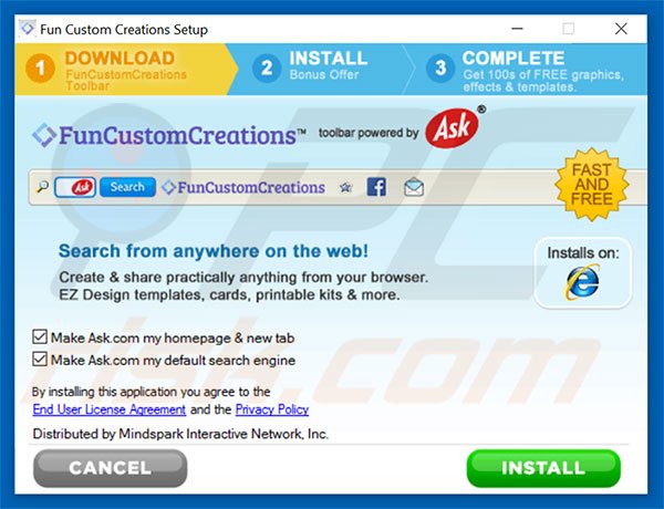 Official FunCustomCreations browser hijacker installation setup