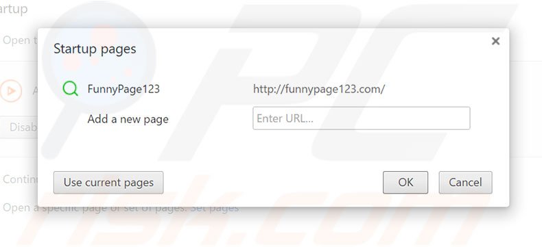 Removing funnypage123.com from Google Chrome homepage