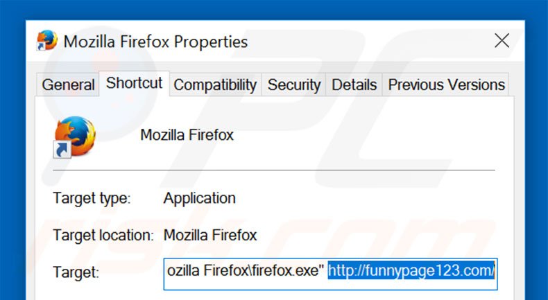 Removing funnypage123.com from Mozilla Firefox shortcut target step 2