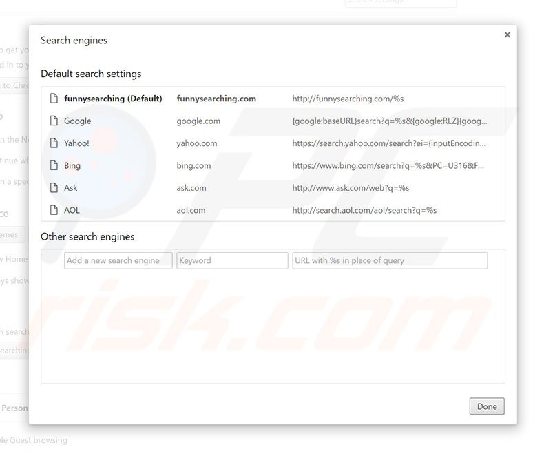 Removing funnysearching.com from Google Chrome default search engine