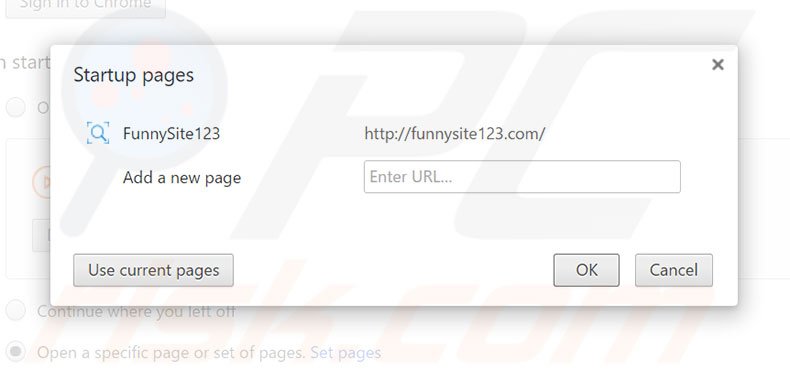 Removing funnysite123.com from Google Chrome homepage