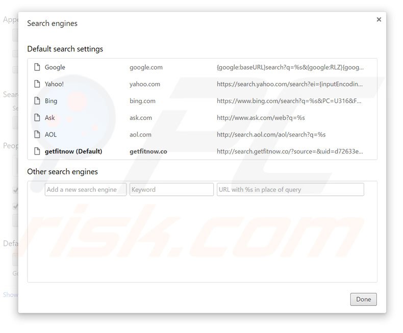 Removing search.getfitnow.co from Google Chrome default search engine
