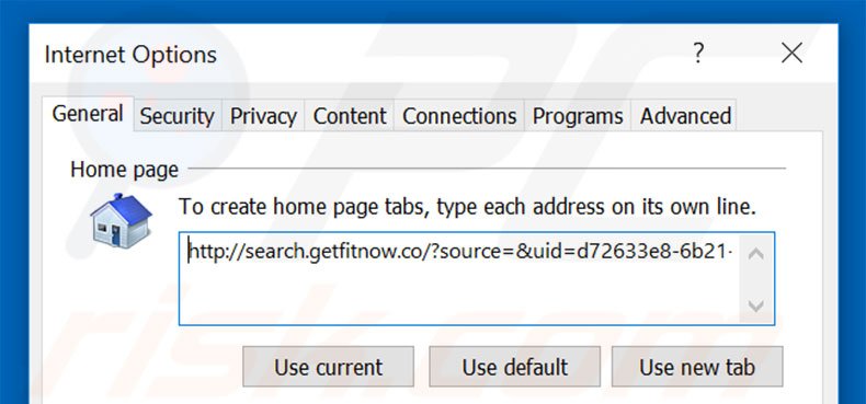 Removing search.getfitnow.co from Internet Explorer homepage