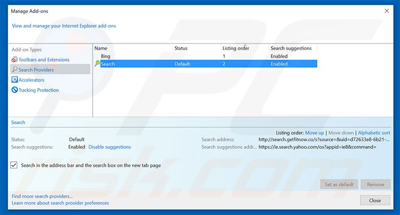 Removing search.getfitnow.co from Internet Explorer default search engine