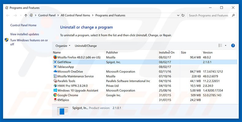 search.getfitnow.co browser hijacker uninstall via Control Panel