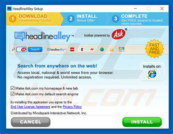 Official HeadlineAlley browser hijacker installation setup