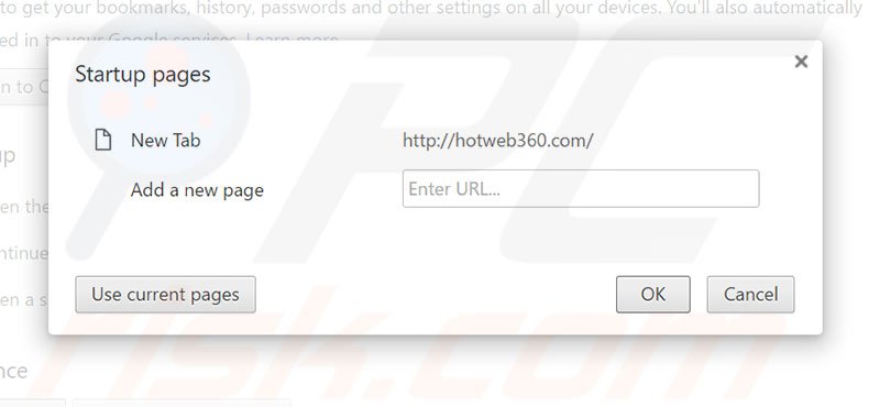 Removing hotweb360.com from Google Chrome homepage