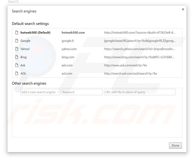 Removing hotweb360.com from Google Chrome default search engine
