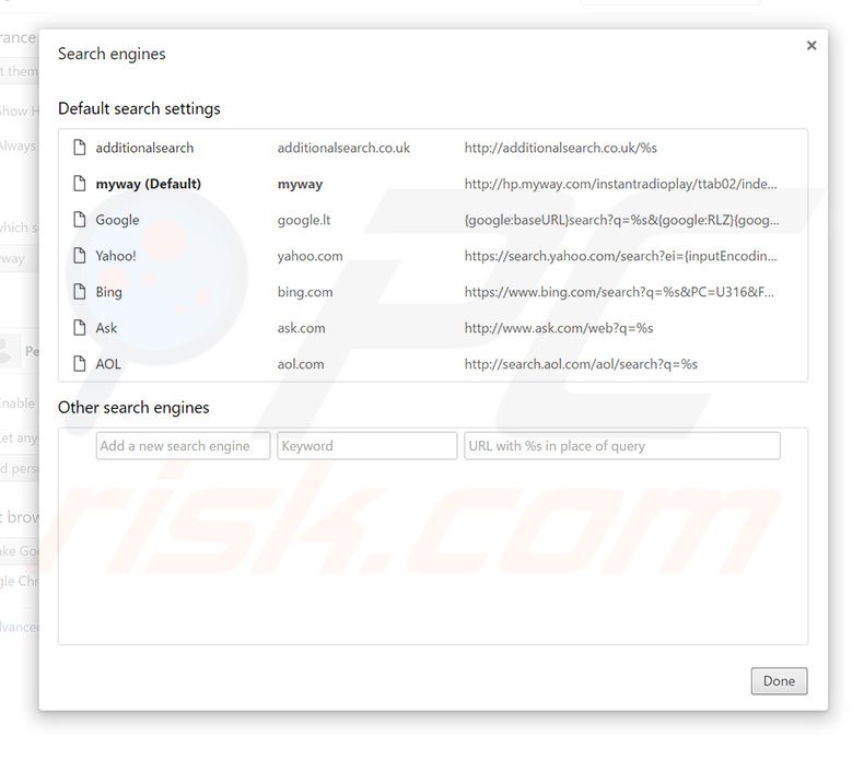 Removing hp.myway.com from Google Chrome default search engine