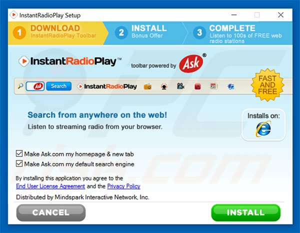 Official InstantRadioPlay browser hijacker installation setup