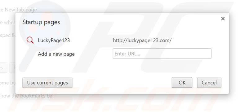 Removing luckypage123.com from Google Chrome homepage