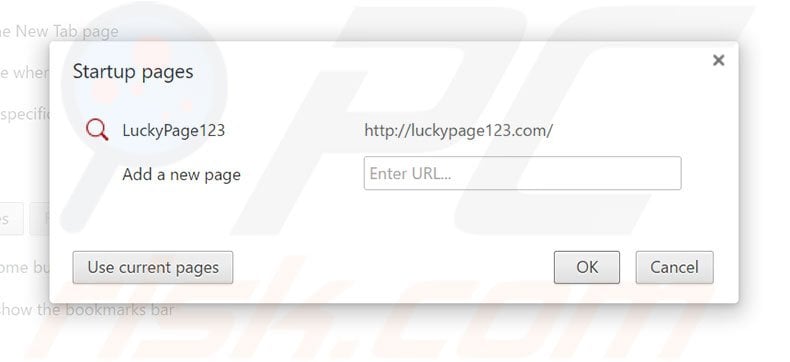 Removing luckypage123.com from Google Chrome homepage