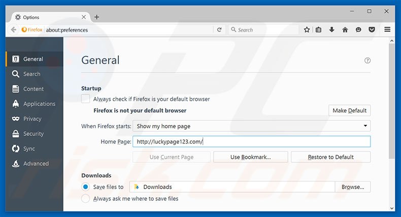 Removing luckypage123.com from Mozilla Firefox homepage