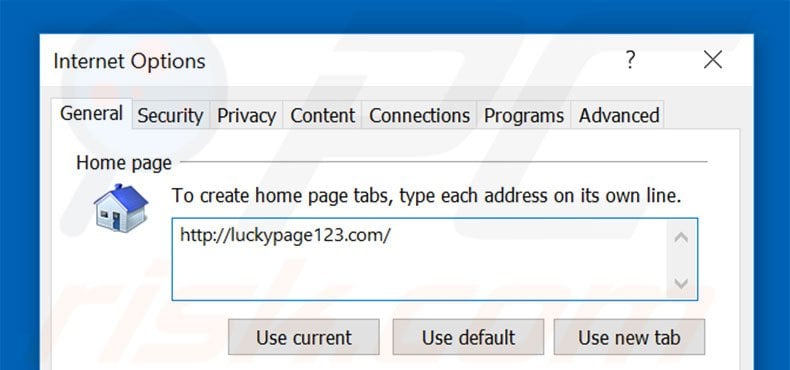 Removing luckypage123.com from Internet Explorer homepage
