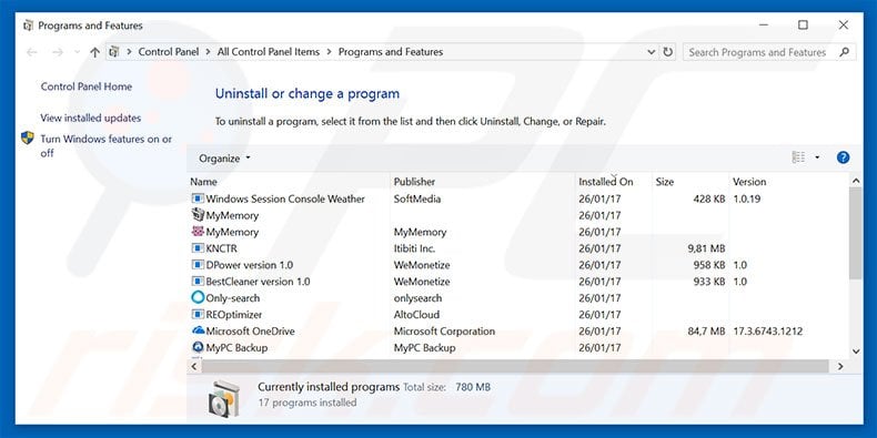 luckypage123.com browser hijacker uninstall via Control Panel