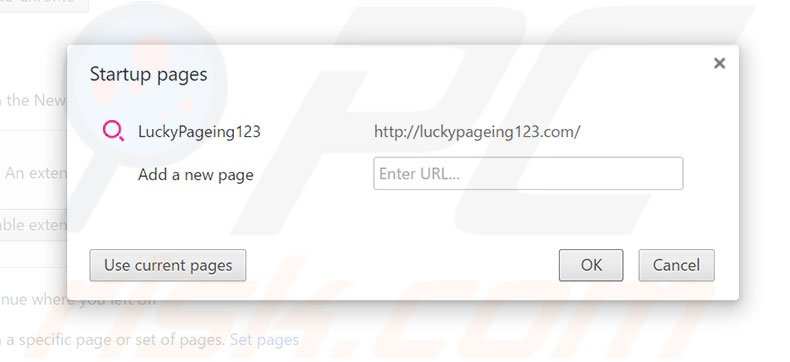 Removing luckypageing123.com from Google Chrome homepage