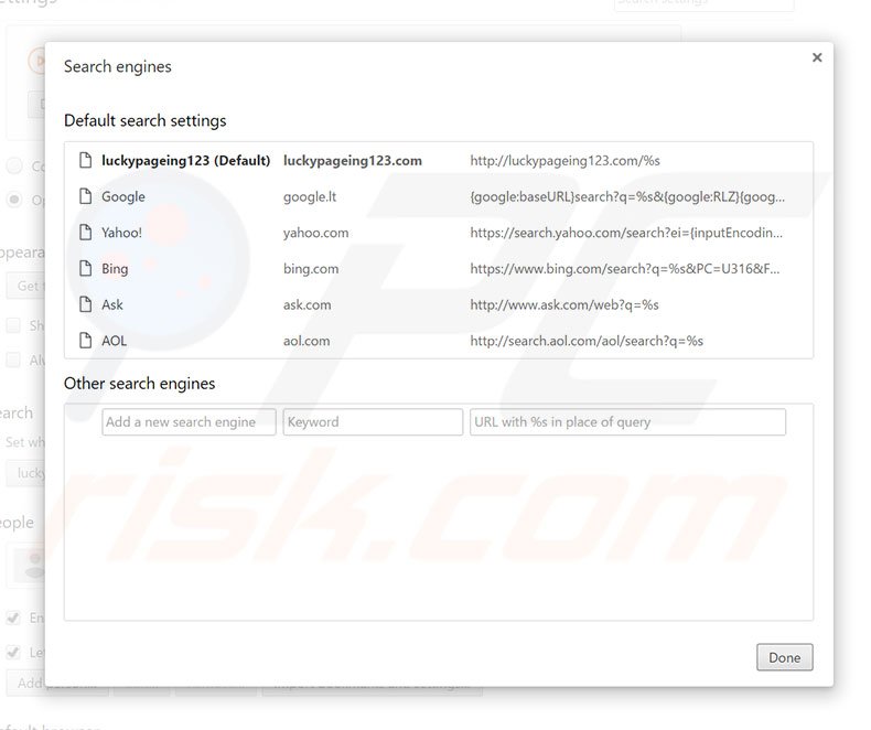 Removing luckypageing123.com from Google Chrome default search engine