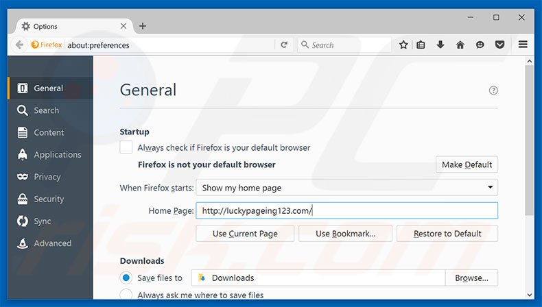 Removing luckypageing123.com from Mozilla Firefox homepage