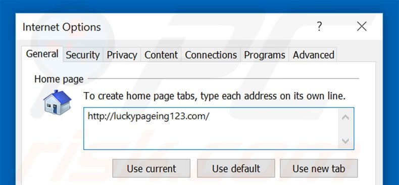 Removing luckypageing123.com from Internet Explorer homepage
