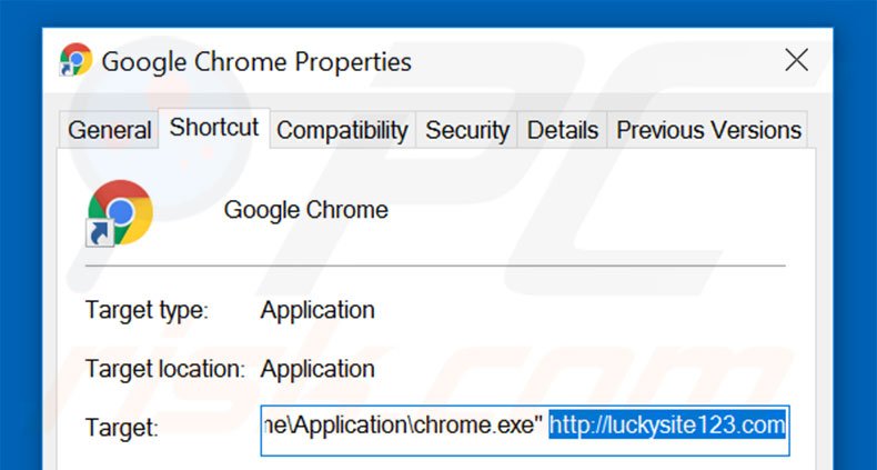 Removing luckysite123.com from Google Chrome shortcut target step 2
