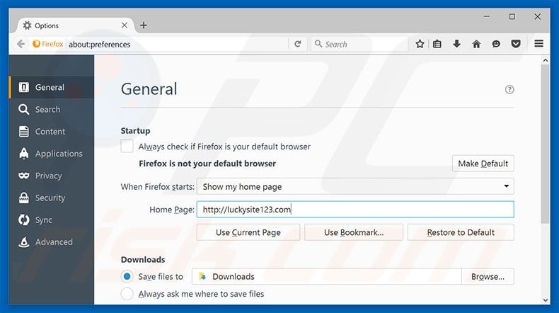 Removing luckysite123.com from Mozilla Firefox homepage