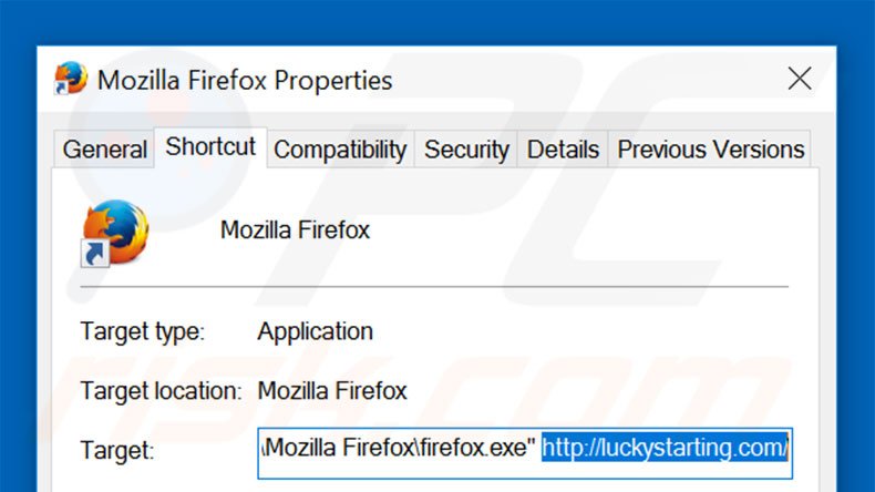 Removing luckystarting.com from Mozilla Firefox shortcut target step 2