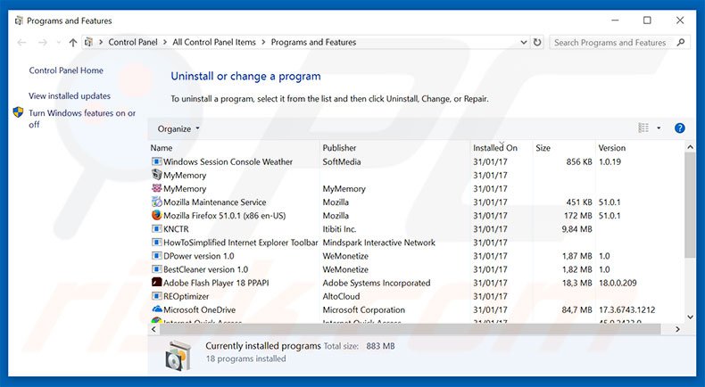 Microsoft Alert adware uninstall via Control Panel