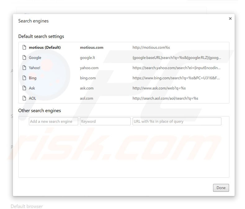 Removing motious.com from Google Chrome default search engine