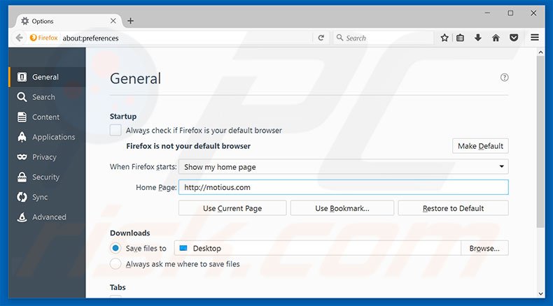 Removing motious.com from Mozilla Firefox homepage