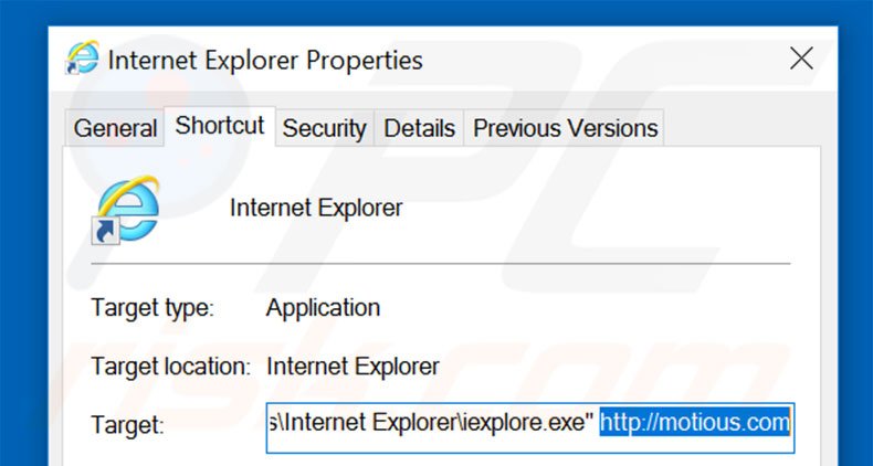 Removing motious.com from Internet Explorer shortcut target step 2