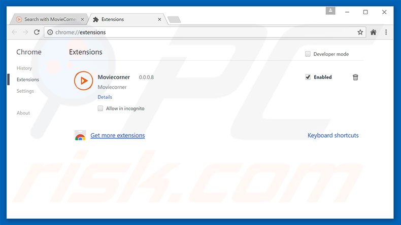 Removing search.moviecorner.com related Google Chrome extensions