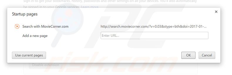 Removing search.moviecorner.com from Google Chrome homepage
