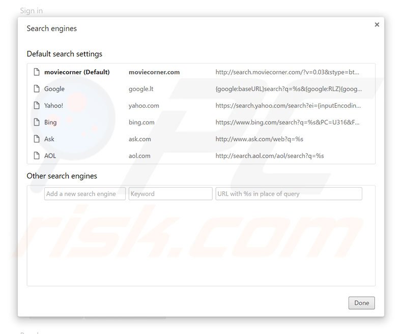 Removing search.moviecorner.com from Google Chrome default search engine