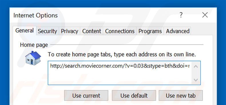 Removing search.moviecorner.com from Internet Explorer homepage