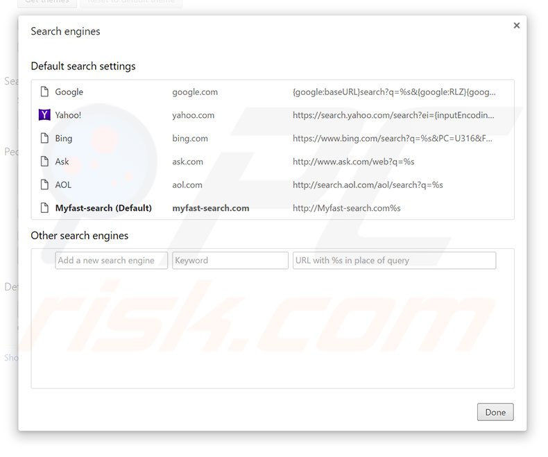 Removing myfast-search.com from Google Chrome default search engine