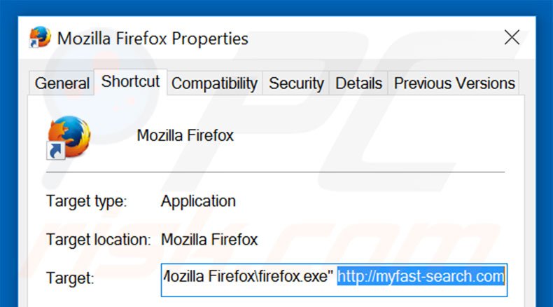 Removing myfast-search.com from Mozilla Firefox shortcut target step 2