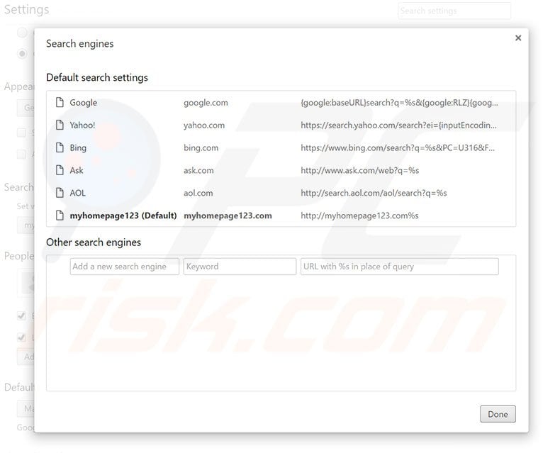 Removing myhomepage123.com from Google Chrome default search engine