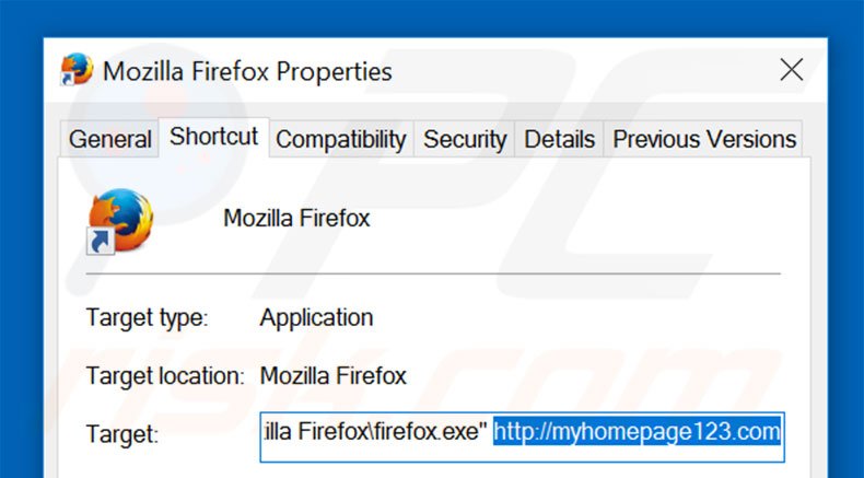 Removing myhomepage123.com from Mozilla Firefox shortcut target step 2