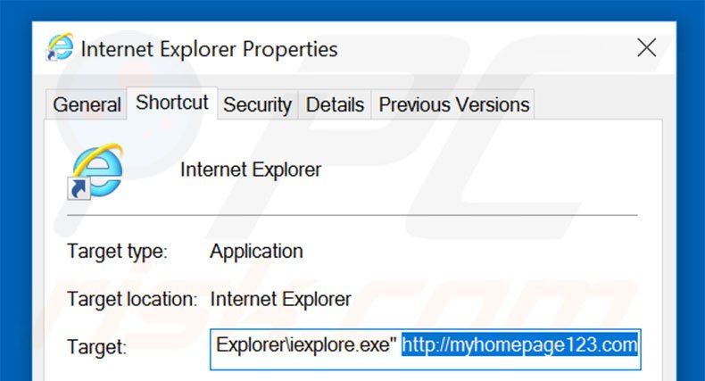 Removing myhomepage123.com from Internet Explorer shortcut target step 2