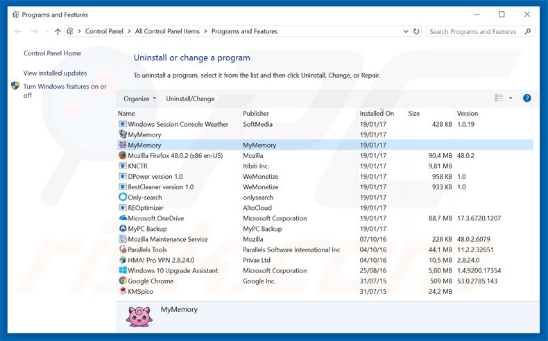 mymemory adware uninstall via Control Panel