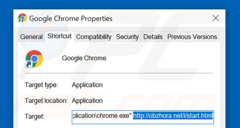 Removing obzhora.net from Google Chrome shortcut target step 2