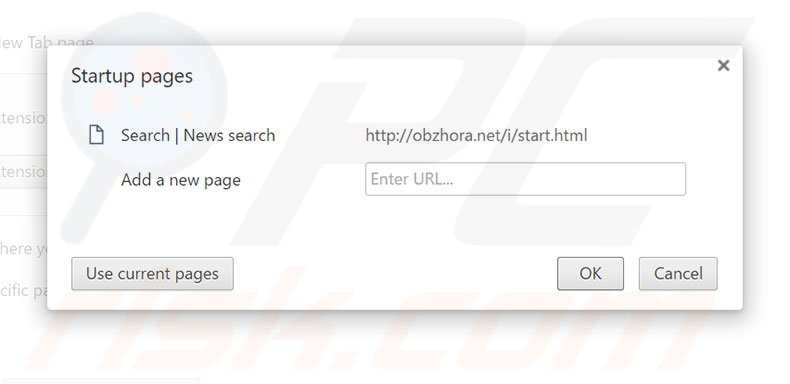 Removing obzhora.net from Google Chrome homepage