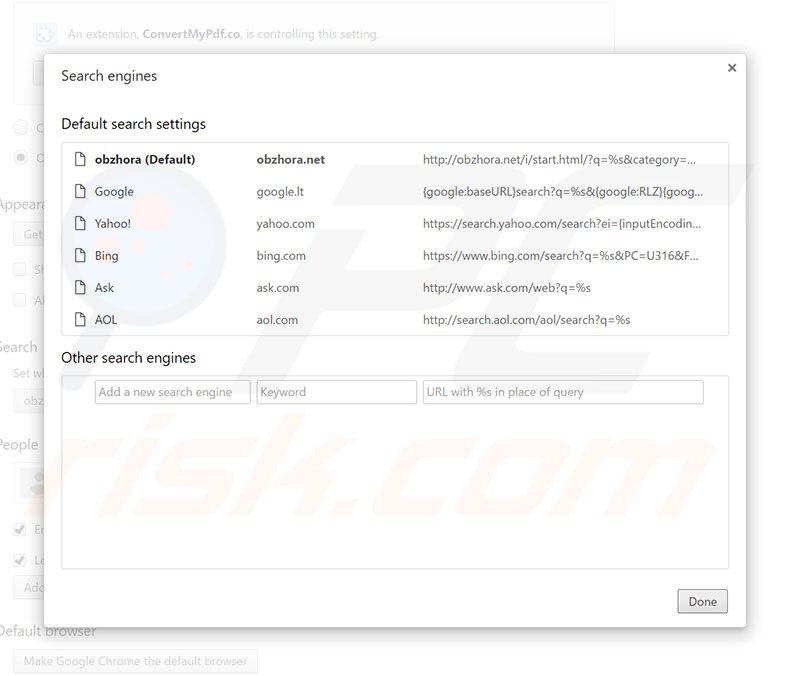 Removing obzhora.net from Google Chrome default search engine