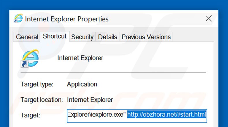 Removing obzhora.net from Internet Explorer shortcut target step 2