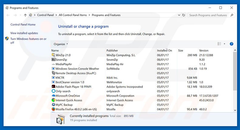 obzhora.net browser hijacker uninstall via Control Panel