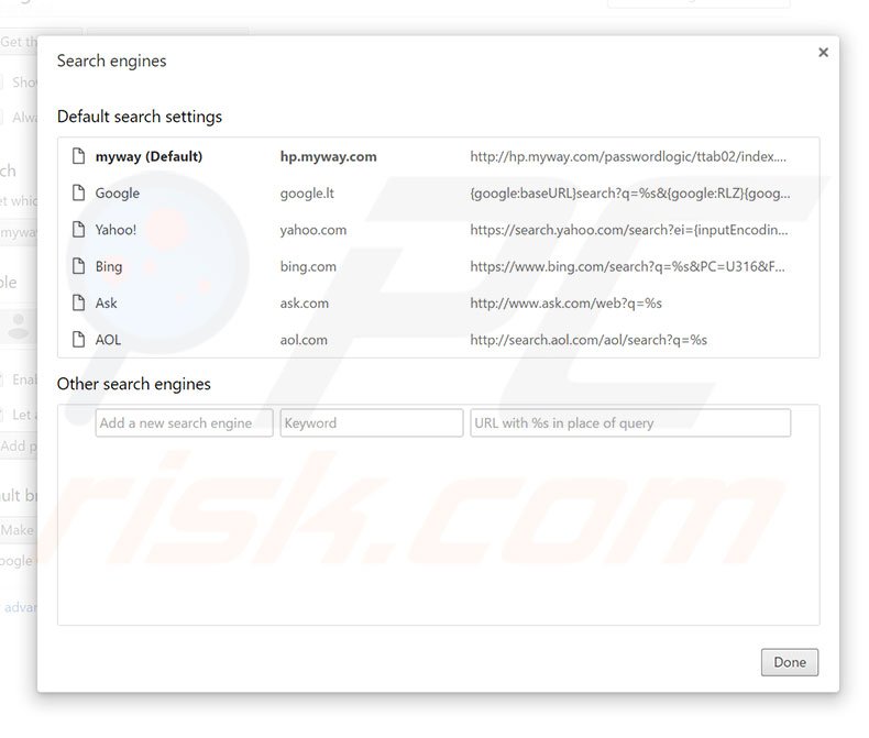 Removing hp.myway.com from Google Chrome default search engine