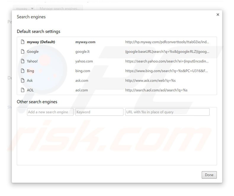 Removing hp.myway.com from Google Chrome default search engine