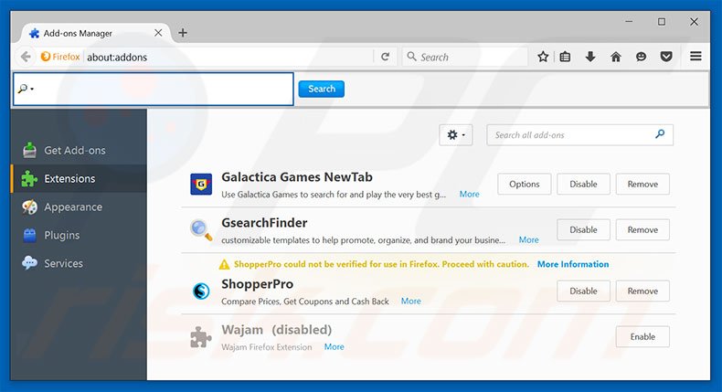 Removing search.polarisearch.com related Mozilla Firefox extensions