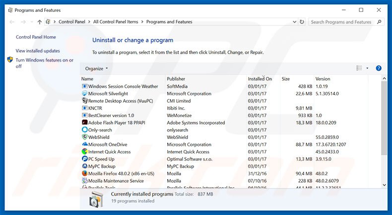 search.polarisearch.com browser hijacker uninstall via Control Panel